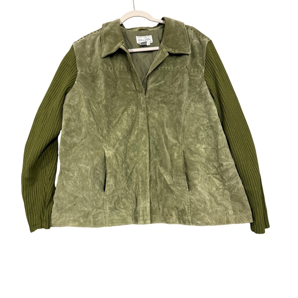 Live A Little Jacket Womens 2X Green Leather Knit Sleeves Zip Pockets Casual